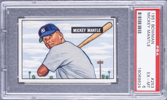 1951 Bowman #253 Mickey Mantle Rookie Card – PSA EX-MT 6